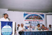 International Day for Presevation of Ozone Layer celebrated by M.P.C.B. on 16th Sept.2004 Dr.D.B.Boralkar, M.S. expressing his views on Ozone Layer depletion.(From left : Shri C.A.Deshmukh, Deputy Secretary, Environment Dept.,GoM., Shri V.N.Warhade, Director, Environment Dept., GoM, Prof. Rasmi Patil, IIT,Powai.